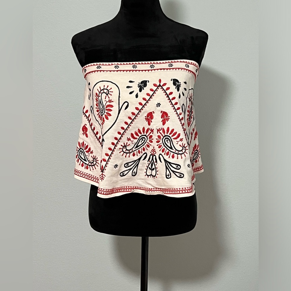 Free People Off-Shoulder Top in Red and Black Print